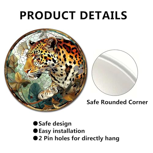 Metal Sign Tin Sign Circular Stained Glass Leopard Funny Sign for Restaurant 8×8 Inches (8×8 Inches / Leopard-2)
