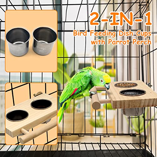 Bird Food Stainless Steel Cups Wooden Perch Stand Hanging Feeder Bowls Feeding and Watering Supplies for Parakeets Conures Cockatiels Budgie Parrot (Large)