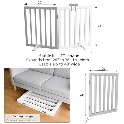 Freestanding Indoor Dog Gate for House Foldable Wood White Puppy Gate for Doorways Pet Gate for Stairs Extra Wide Pet Fence 24" Height 2 Panels (White / 【2 Panels】40''w x 24''h)