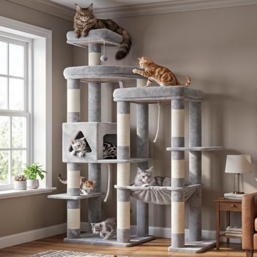 Cat Tree Tower with Stable Extended Base (Light Gray / 71.9 Inches)