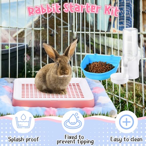 19 Pcs Rabbit Starter Kit Small Bunny Litter Box Rabbit Grooming Kit Water Bottle Bunny Toys Hay Feeder Bowl Blankets with Cleaning Set for Guinea Pig Accessories (Pink-white / Strawberry Bear)