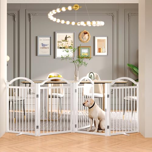 Metal No Assembly Freestanding Dog Gate with Door Walk Through (White C / 4 panels 96"W*32"H HYG)