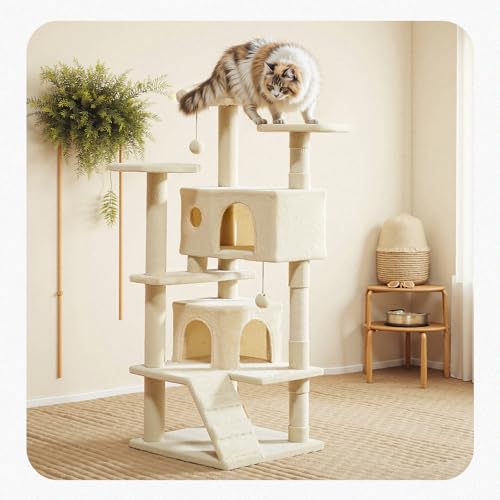 54 Inch Cat Tree Tower with Natural Sisal Scratching Post (Cream / 54"×19.7"×19.7")