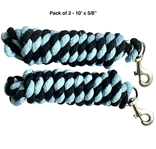 Pack of 2 Solid Cotton Lead Rope for Horses & Livestock (Sky Blue - Black)