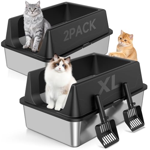 2 Pack XL Stainless Steel Litter Box with High Sides for Large Cat (Black-2Pack)
