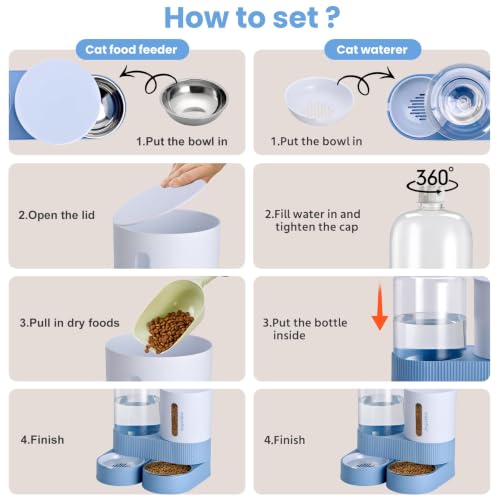 Automatic Cat Feeder Stainless Steel Water Dispenser Gravity Food Feeder and Waterer Set with Pet Food Bowl for Small Medium Kitten Puppy Pets Large Capacity (Blue)