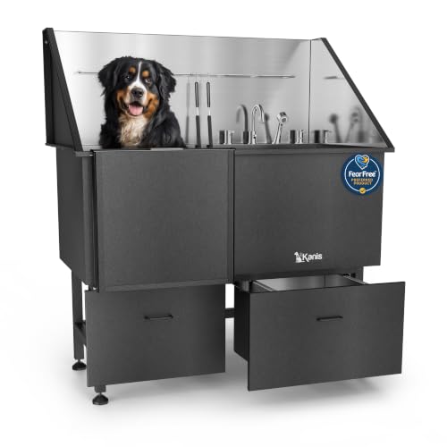 Professional Dog Washing Station 304 Stainless Steel Pet Wash Sink (Black, Left Ramp, 2 Drawer / 50 Inches)