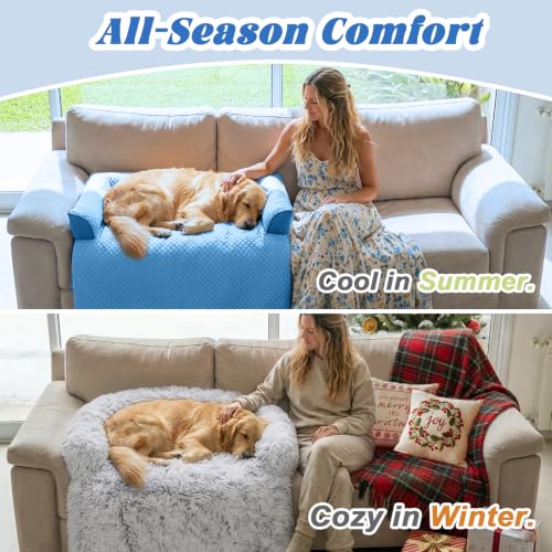 Cooling Dog Bed Mat with Bolster Pillow Washable Dog Couch Cover Breathable Summer Pet Couch Bed Protector Indoor (Cooling Blue / 35.0"L x 31.0"W x 5.0"Th)