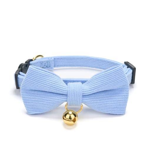 2 Pack Soft Corduroy Cat Collars with Bow Tie & Bell Adjustable Breakaway Kitten Bowtie Collar for Female Male Cats (S:Neck 7.0" - 11.0" / Corduroy-White Blue)