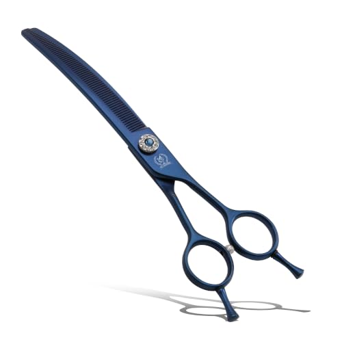 Professional Dog Grooming Scissors Pet Curved Thinning Shears 7.0'' Extremely Sharp Blades 440C Steel Thinning Scissors Durable Smooth Motion&Fine Cut for Dogs and Cats (Blue)