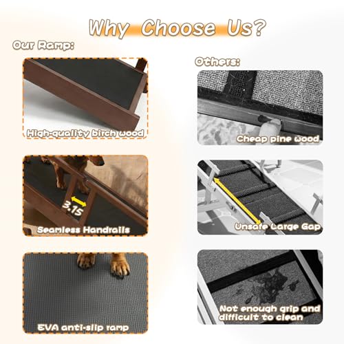 61" Dog Ramp for Bed with Rest Platform & Glow Strips (Brown / 61"L x 20"H x 15.7"W)