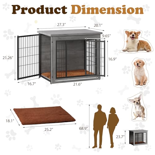 Wooden Dog Crate Furniture with Thick Cushion (S(27.3" x 20.1" x 23.7") / Grey)