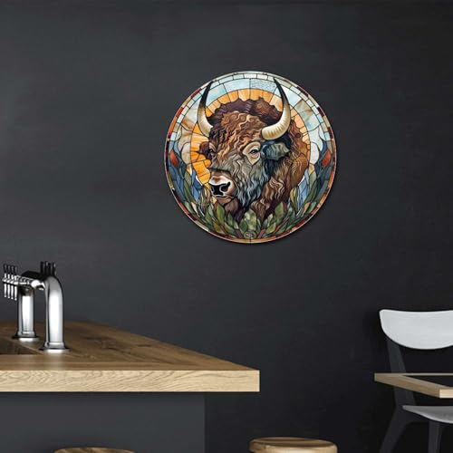 Metal Sign Tin Sign Circular Stained Glass American Bison Sign for Garden for Pet 12×12 Inches (12×12 Inches / American Bison-2)