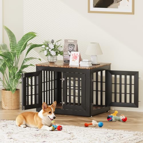 32" Heavy Duty Dog Crate Furniture for Small (32.7"L x 24.4"W x 25.8"H / Black+Brown)