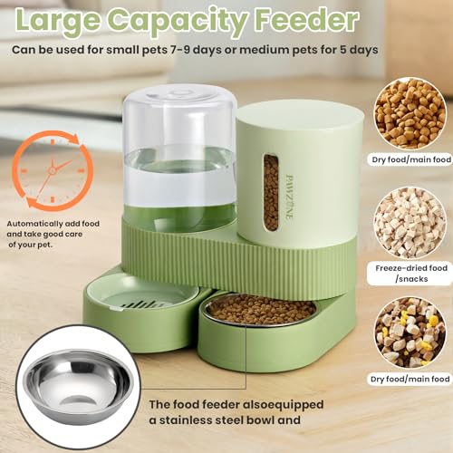 Automatic Cat Feeder Stainless Steel Water Dispenser Gravity Food Feeder and Waterer Set with Pet Food Bowl for Small Medium Kitten Puppy Pets Large Capacity (Green)