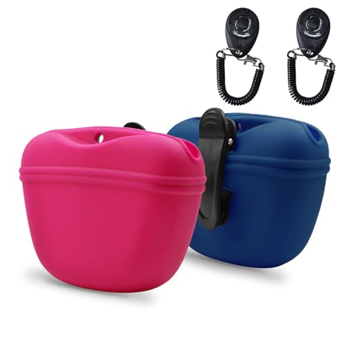 Silicone Dog Treat Pouch with Clicker Magnetic Closure Secure Clip (2 Pack / Hot pink++Navy)