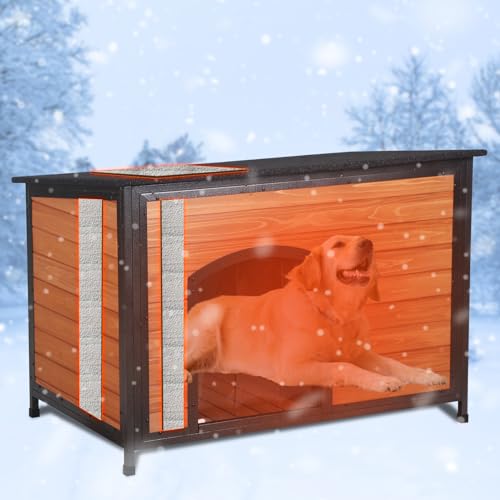 Outdoor Insulated Wooden Dog House Weatherproof Chew Resistant Metal Frame (43.3"Length)