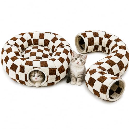 Cat Tunnel Bed with Washable Cushion for Indoor Cat (Brown)