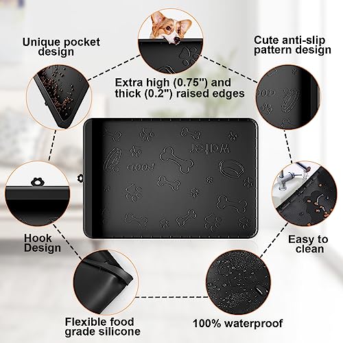 Dog Food Mat Silicone Dog Mat for Food and Water (Black / 36"L x 24"W)