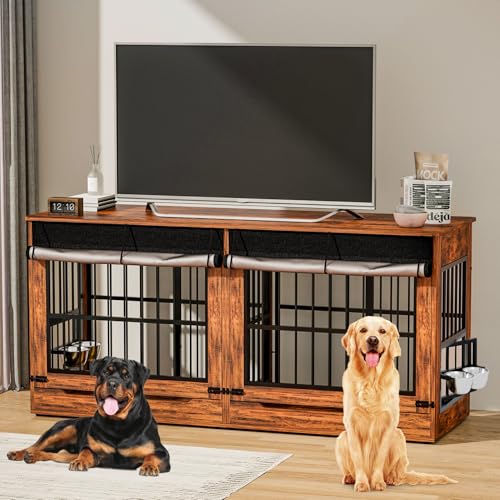 78" Double Dog Crate Furniture with Divider (Vintage Brown / 78.7"L x 27.6"W x 33.5"H)