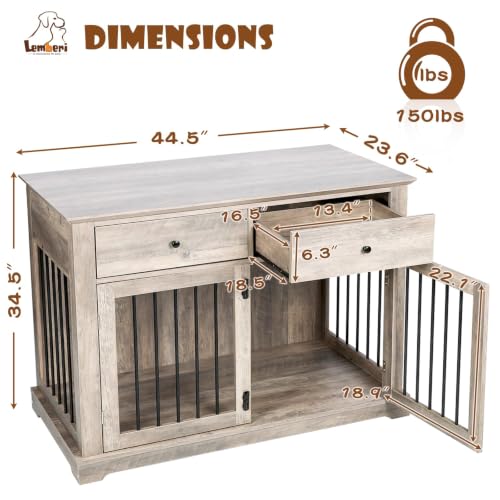 44 inch Wooden Dog Crate with 2 Storage Drawers (Grey / 44.5"L x 23.6"W x 34.5"H)