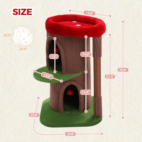 Tree Trunk Cat Tree with 2 Enclosed Caves and Sisal Scratching Post (Stump Brown)