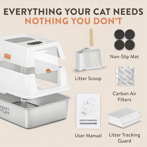 XL Stainless Steel Cat Litter Box with Enclosure and Pooper Scooper (White)