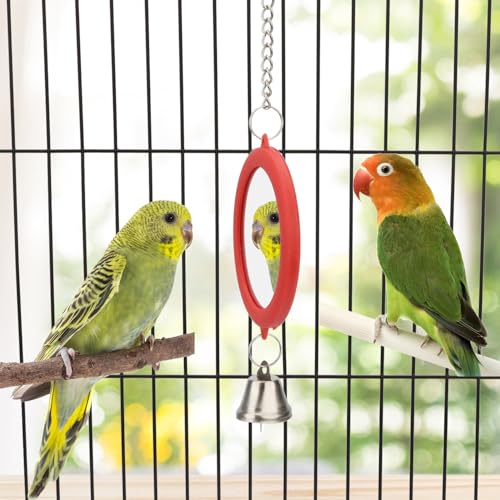 Bird Mirror Toy with Bell Interactive Parrot Hanging Mirror (RED)