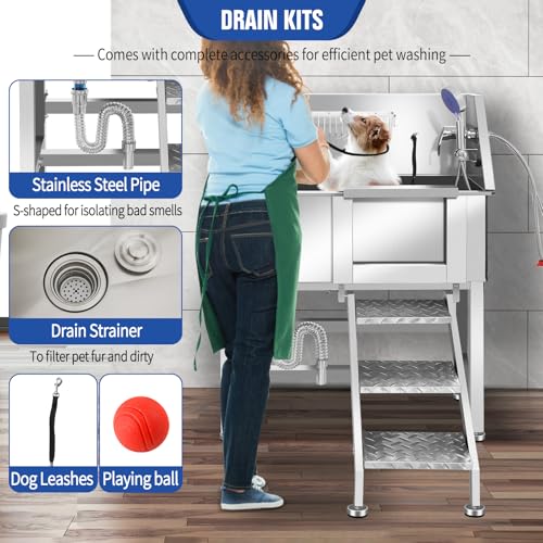 Dog Washing Station 34'' Stainless Steel Pet Grooming Tub for Large Dogs Over (34" R-RAMP)