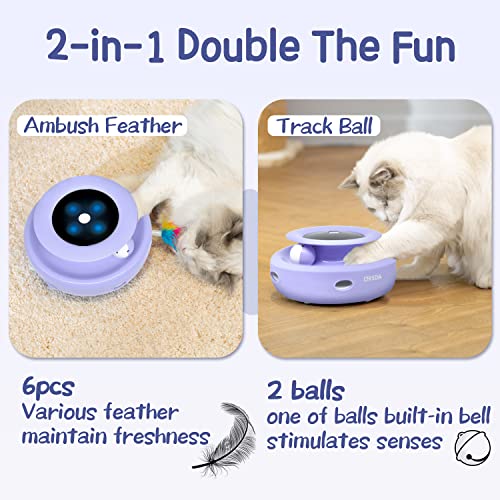 Cat Toys, 2-in-1 Interactive Cat Toys for Indoor Cats, Automatic Cat Toy Balls, Mice Toys Ambush Feather Kitten Toys with 7pcs Attachments, Dual Power Supplies, Adjustable Speed, Auto On/Off (Periwinkle)