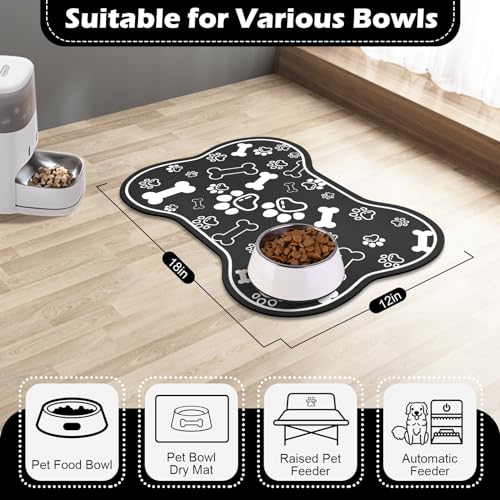 Dog Cat Food Mat (18"L x 12"W / Bone Shaped Black)