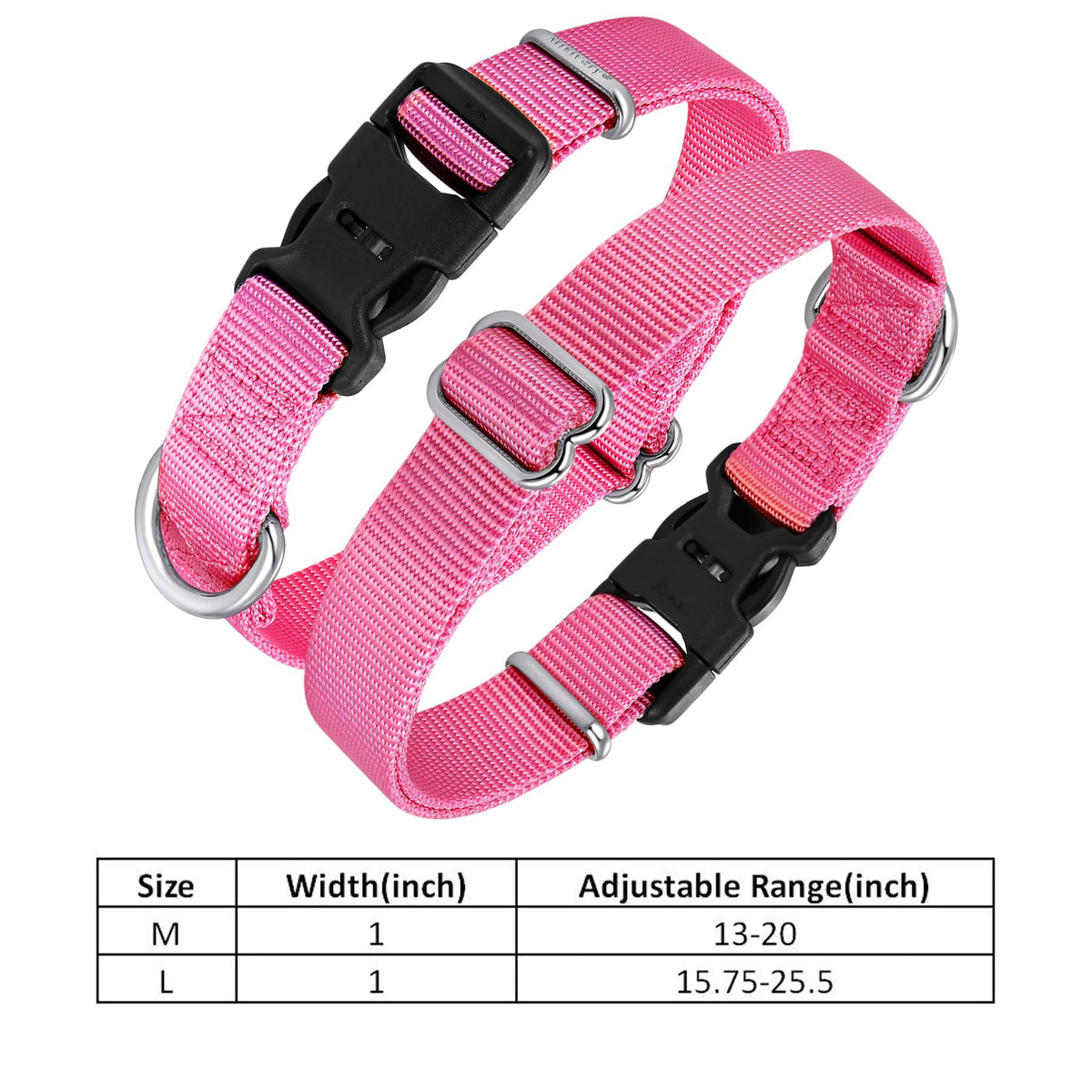Nylon Dog Collar with Quick Release Buckle Soft Adjustable Sturdy for Small Medium Large Dogs Pink (BabyPink / L：17.5"-25.5")