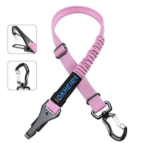 Dog Seatbelt Adjustable Reflective Bungee Harness with Aluminum Swivel Carabiner (Pink)