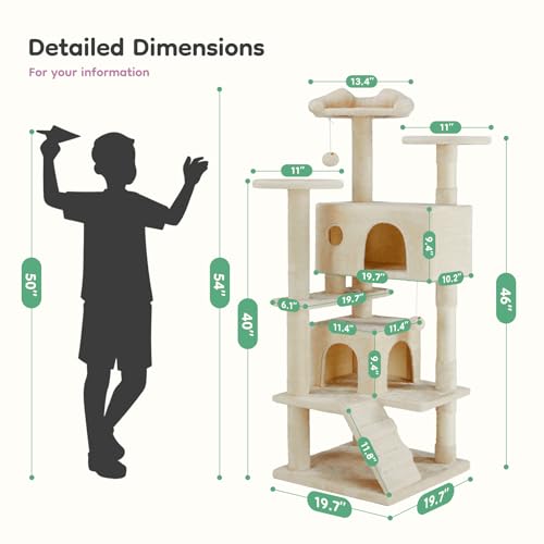 54 Inch Cat Tree Tower with Scratching Posts (Beige / 54'' × 20'' × 20'')