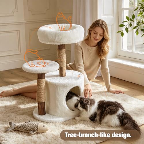 Mini Cat Tree with Scratching Post for Kittens & Small Cats (White / Mini 2-Tier)