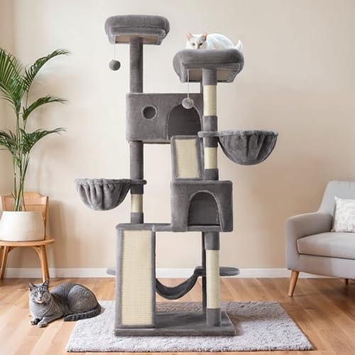 65in Multi Level Large Cat Tree Tower for Indoor Kitties (Grey)