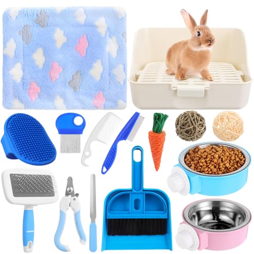 15 Pcs Rabbit Starter Kit Small Rabbit Litter Box Girls Gift Animal Grooming Kit Bunny Toys Bowl Blankets with Cleaning Set for Guinea Pig Accessories (Multicolor)