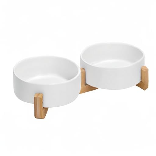 Ceramic Dog and Cat Bowl with Wood Stand Non (1.7 cups / White × 2)
