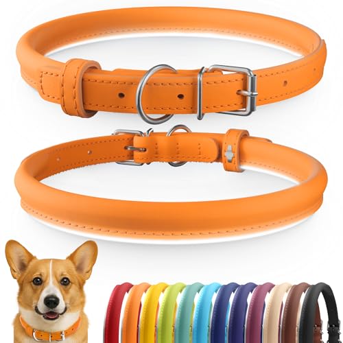 Tangle Free Reflective Leather Dog Collar (Orange / L)