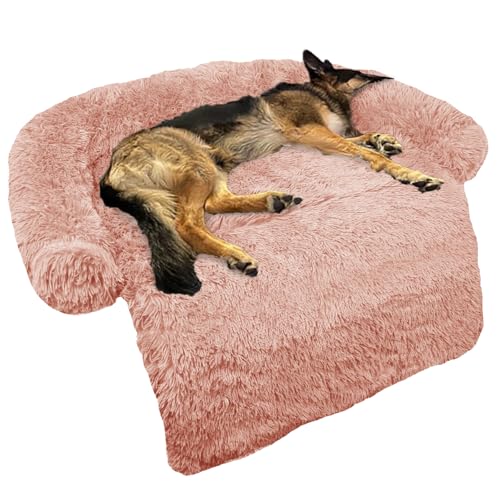 Calming Dog Bed Fluffy Plush Dog Mat for Furniture Protector with Removable Washable Cover for Large Medium Small Dogs and Cats (Pink / 45.0"L x 37.0"W x 6.0"Th)