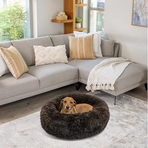 The Original Calming Donut Dog Bed for Small Dogs up to 25 lbs (Dark Chocolate Shag / Small)