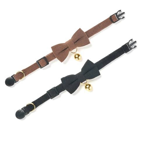 2 Pack Soft Corduroy Cat Collars with Bow Tie & Bell Adjustable Breakaway Kitten Bowtie Collar for Male Cats (S:Neck 7.0" - 11.0" / Corduroy-Black Brown)