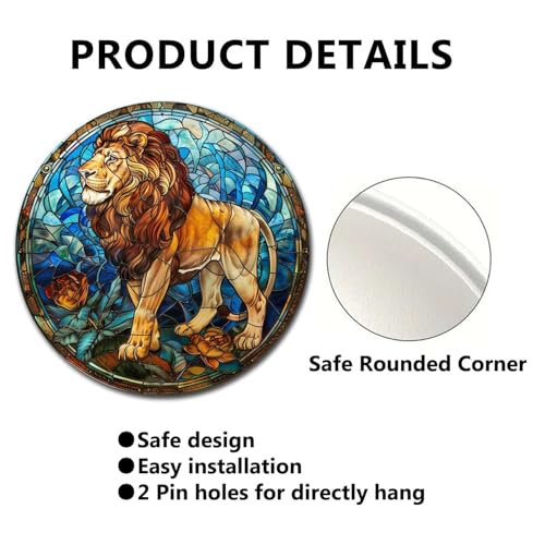 Metal Sign Tin Sign Circular Stained Glass Lion Garage Sign for Garden 12×12 Inches (12×12 Inches / Lion-2)