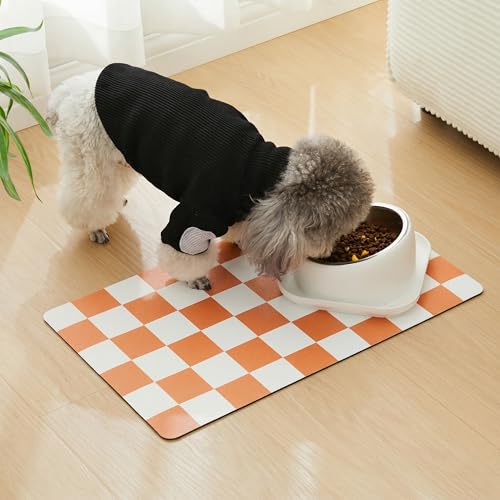 Checkered Dog Feeding Mat (24"L x 16"W / Orange)