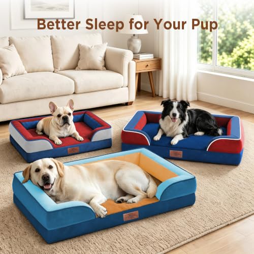 Orthopedic Dog Bed for Extra Large Dogs with Bolster (42.0"L x 30.0"W x 8.5"Th / Classic Tri-Color)