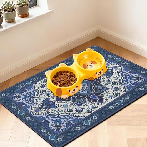 Pet Feeding Mat for Floors Waterproof Dog Mat for Food and Water Absorbent Quick Dry Non Slip mat for Cat Bowls (24"L x 16"W / BlueBoho)