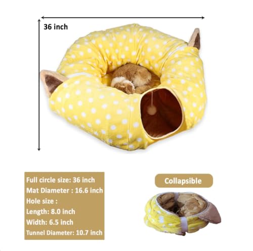 Cat Donut Tunnel with Bed for Kitten Puppy Rabbit Ferret (Yellow)