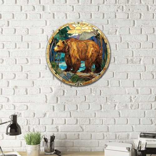 Metal Sign Tin Sign Circular Stained Glass Bear Home Decor for Patio 12×12 Inches (12×12 Inches / Bear)