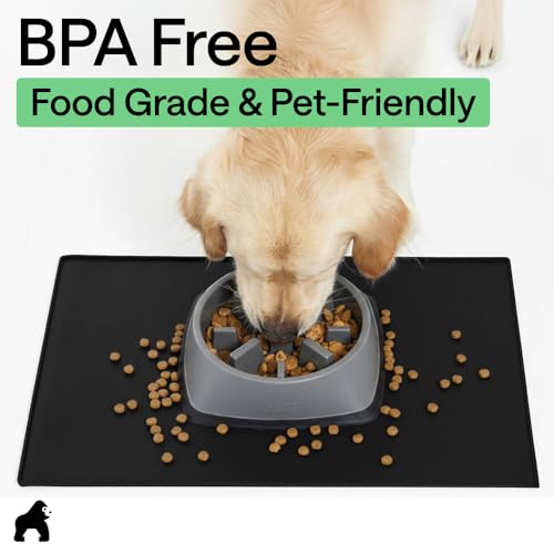 Dog Food Mat 100% Waterproof Silicone (Black / 23"l X 15"w)