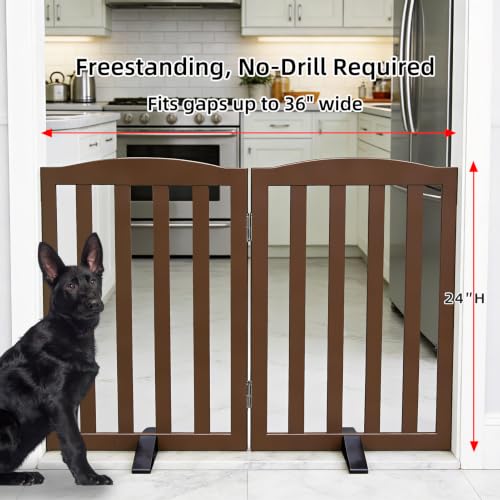 Foldable Freestanding Indoor Dog Gate for House Wood Long Pet Gates Dog Fence for Stairs Puppy Gates for Hallways (Brown / 【2 Panels】40''w X 24''h)